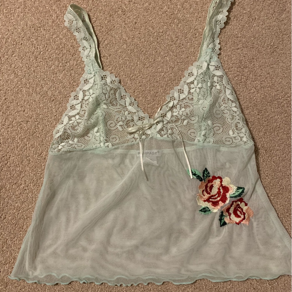 mint green mesh sheer v neck lace cami with bow